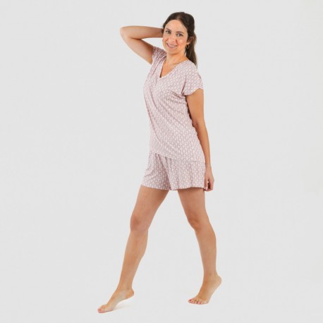 Pijama curto manga fluída viscosa mulher Ellene rosa palo