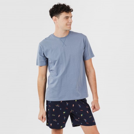 Pijama curto algodão homem Daikiri azul indigo pijamas-curtos-homem