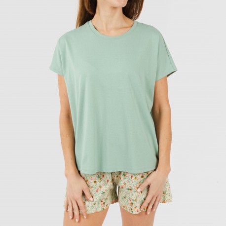 Pijama curto manga fluida algodão mulher Pamela verde