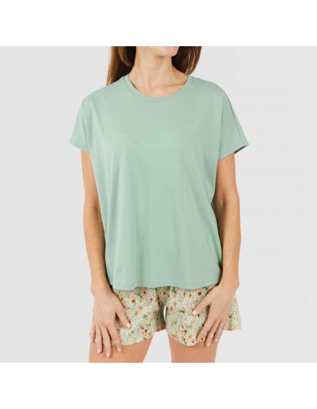 Pijama curto manga fluida algodão mulher Pamela verde Pijama curto manga fluida algodão mulher Pamela verde