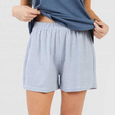 Pijama curto algodão Lista azul indigo