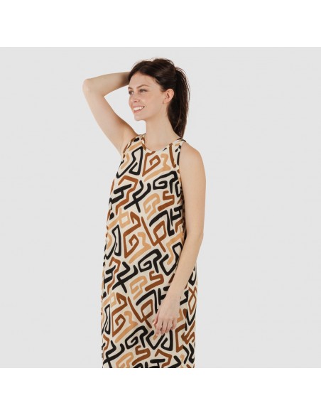 Vestido comprido alças crepe Domeka castanho - preto Vestido comprido alças crepe Domeka castanho - preto