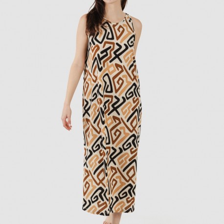 Vestido comprido alças crepe Domeka castanho - preto