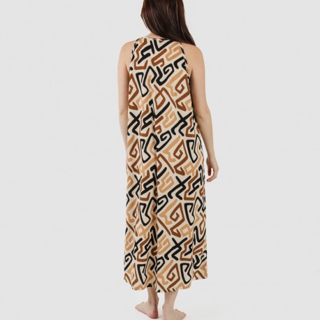 Vestido comprido alças crepe Domeka castanho - preto