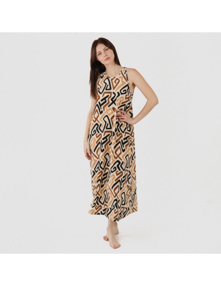 Vestido comprido alças crepe Domeka castanho - preto Vestido comprido alças crepe Domeka castanho - preto