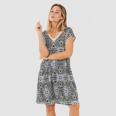 Vestido curto manga fluída soft Naty bege - preto