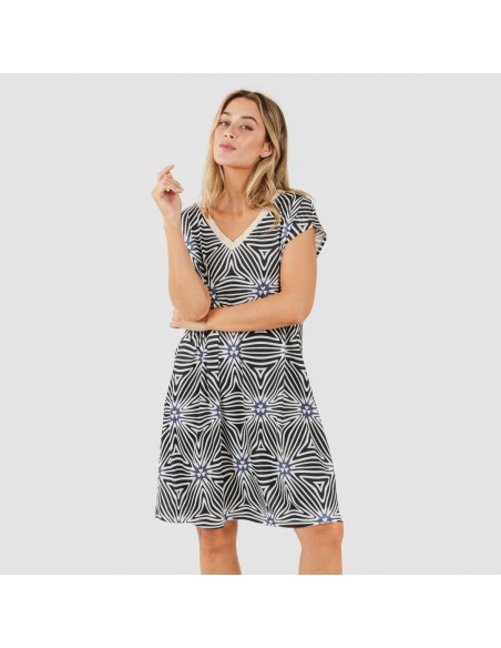 Vestido curto manga fluída soft Naty bege - preto