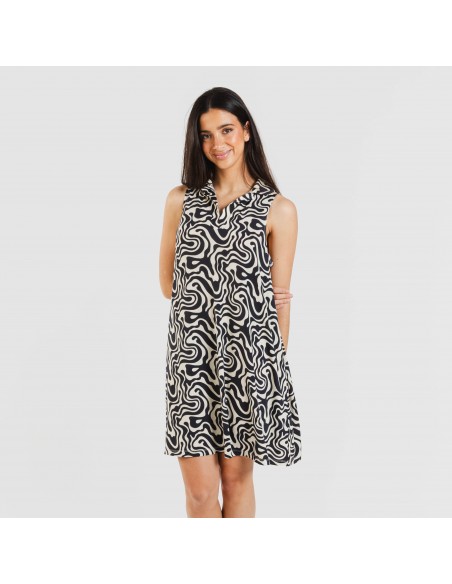 Vestido curto com gola e lapela soft Iratia bege preto Vestido curto com gola e lapela soft Iratia bege preto