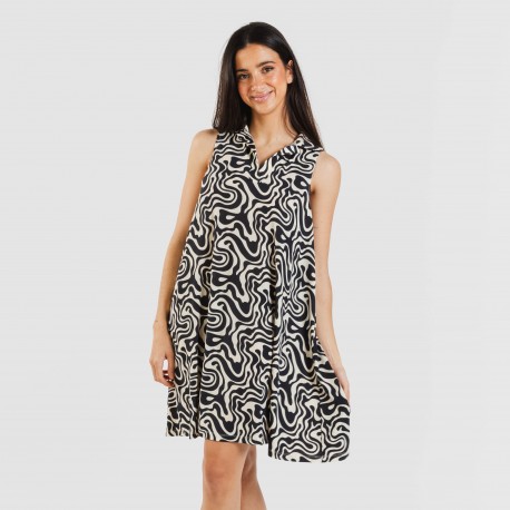 Vestido curto com gola e lapela soft Iratia bege preto