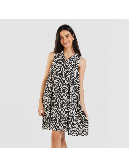 Vestido curto com gola e lapela soft Iratia bege preto Vestido curto com gola e lapela soft Iratia bege preto