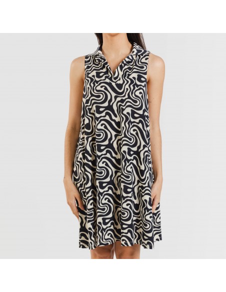 Vestido curto com gola e lapela soft Iratia bege preto Vestido curto com gola e lapela soft Iratia bege preto