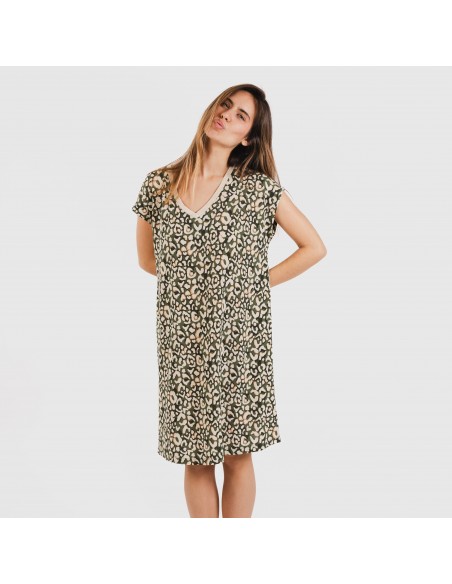 Vestido curto manga fluída crepe Milina verde caça