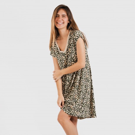 Vestido curto manga fluída crepe Milina verde caça