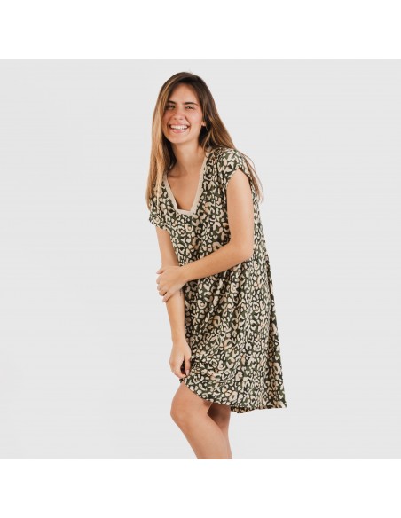 Vestido curto manga fluída crepe Milina verde caça