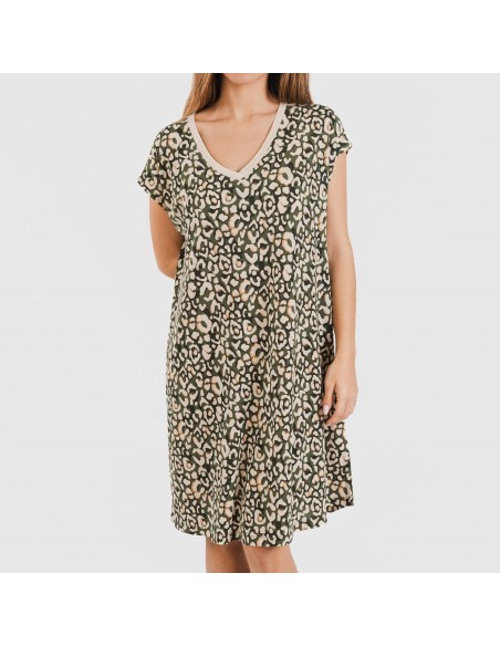 Vestido curto manga fluída crepe Milina verde caça