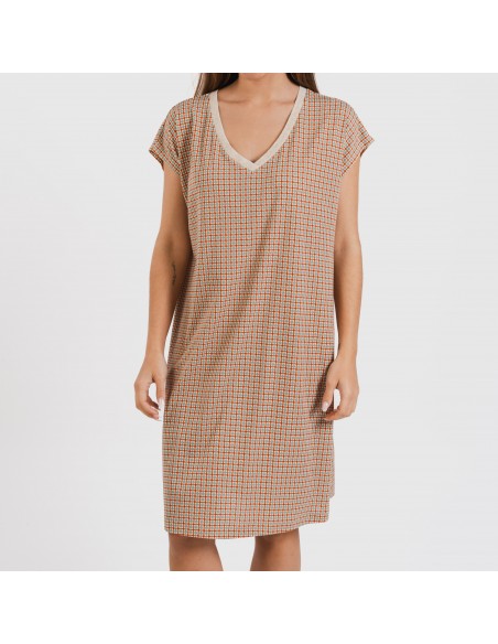 Vestido curto manga fluída crepe Tamila cor telha Vestido curto manga fluída crepe Tamila cor telha