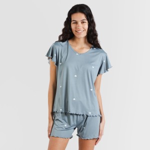 Pijama manga curta mulher soft Hearts azul indigo