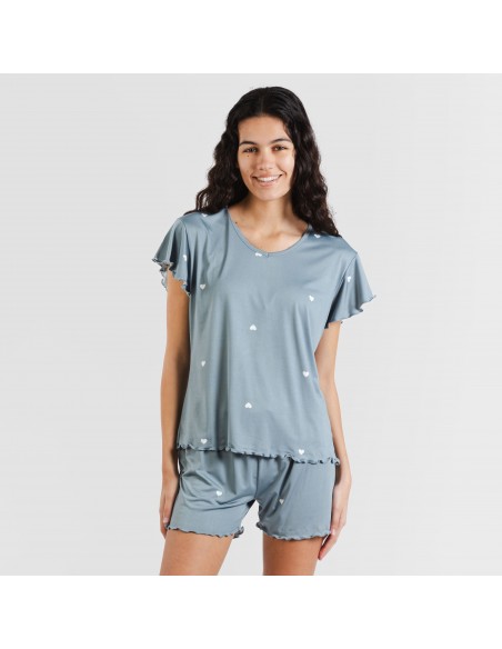 Pijama manga curta mulher soft Hearts azul indigo