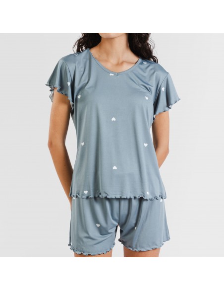 Pijama manga curta mulher soft Hearts azul indigo pijamas-curtos-mulher