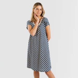 Vestido curto manga fluída crepe Ohio azul marinho