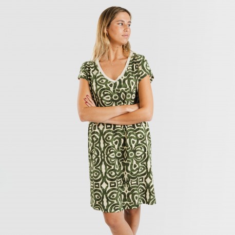 Vestido curto manga fluída crepe Premura verde caça