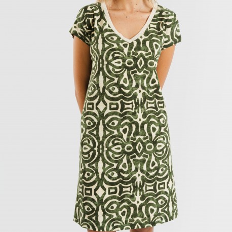 Vestido curto manga fluída crepe Premura verde caça