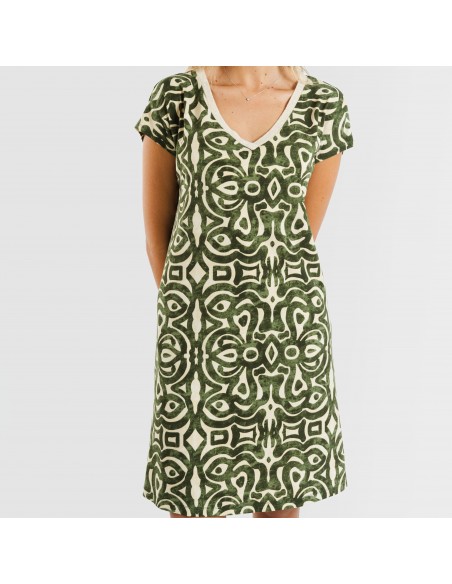 Vestido curto manga fluída crepe Premura verde caça