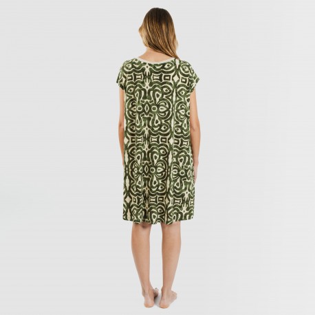 Vestido curto manga fluída crepe Premura verde caça