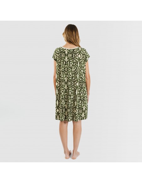 Vestido curto manga fluída crepe Premura verde caça