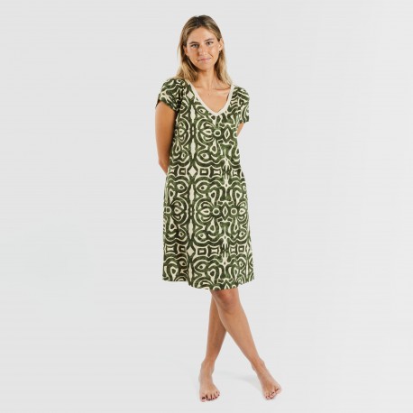 Vestido curto manga fluída crepe Premura verde caça