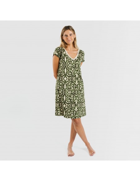 Vestido curto manga fluída crepe Premura verde caça