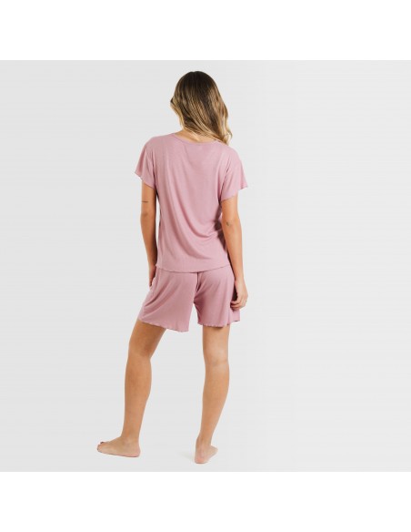 Pijama curto de manga curta mulher canelado viscosa liso Pijama curto de manga curta mulher canelado viscosa liso