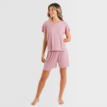 Pijama curto de manga curta mulher canelado viscosa liso