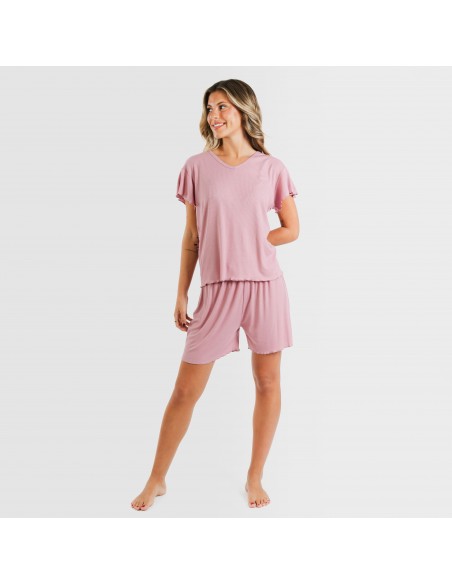 Pijama curto de manga curta mulher canelado viscosa liso Pijama curto de manga curta mulher canelado viscosa liso