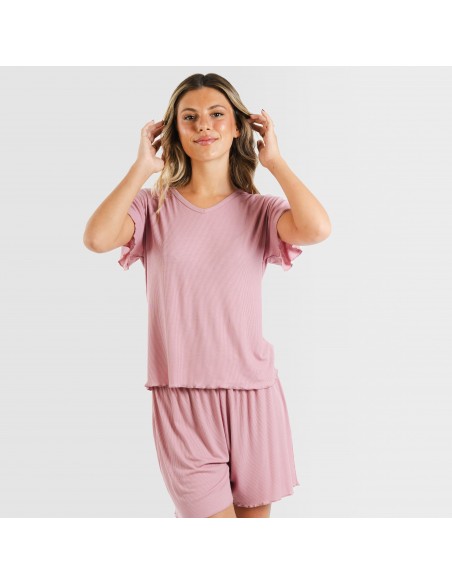 Pijama curto de manga curta mulher canelado viscosa liso Pijama curto de manga curta mulher canelado viscosa liso