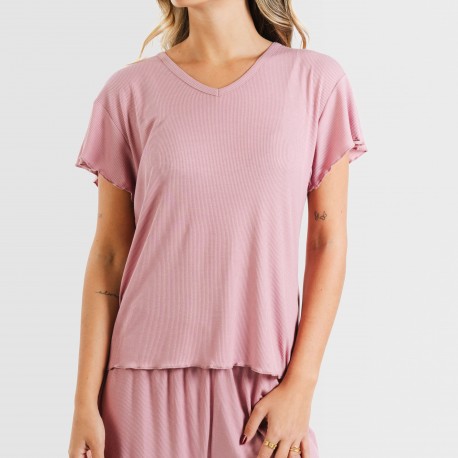 Pijama curto de manga curta mulher canelado viscosa liso