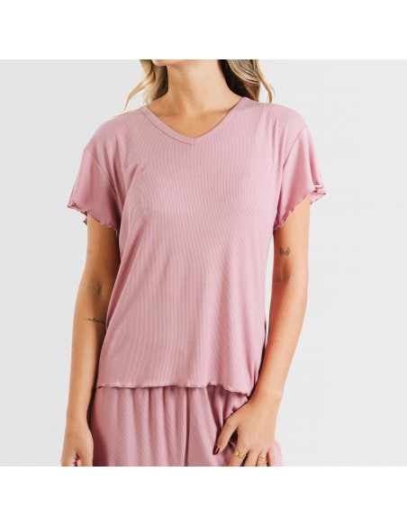 Pijama curto de manga curta mulher canelado viscosa liso Pijama curto de manga curta mulher canelado viscosa liso