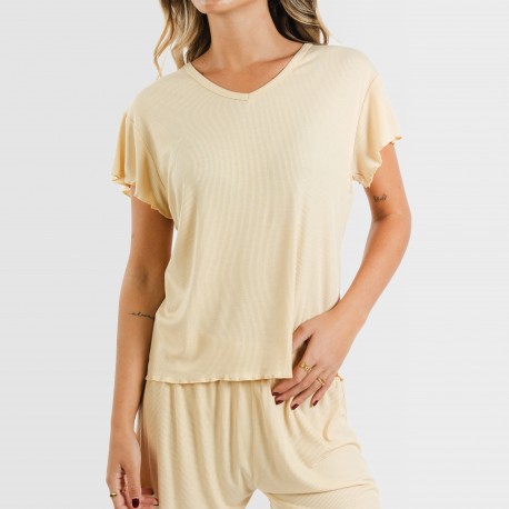 Pijama curto de manga curta mulher canelado viscosa liso