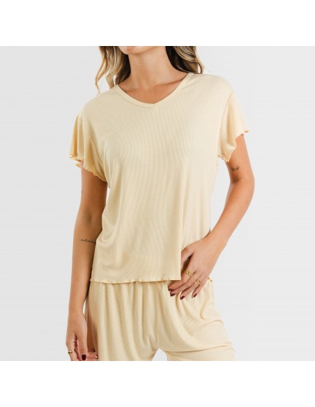 Pijama curto de manga curta mulher canelado viscosa liso Pijama curto de manga curta mulher canelado viscosa liso