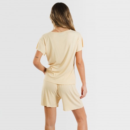 Pijama curto de manga curta mulher canelado viscosa liso