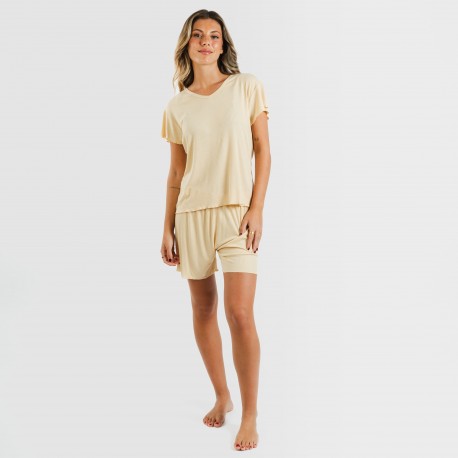 Pijama curto de manga curta mulher canelado viscosa liso