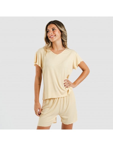 Pijama curto de manga curta mulher canelado viscosa liso Pijama curto de manga curta mulher canelado viscosa liso