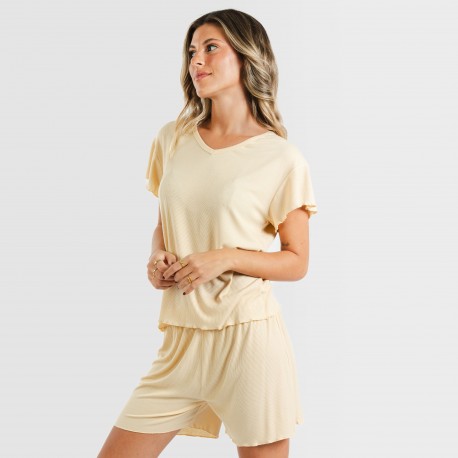 Pijama curto de manga curta mulher canelado viscosa liso