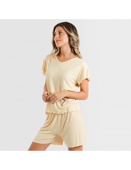 Pijama curto de manga curta mulher canelado viscosa liso Pijama curto de manga curta mulher canelado viscosa liso