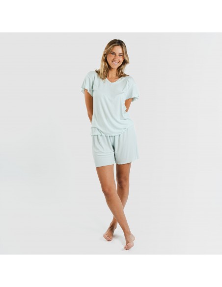 Pijama curto de manga curta mulher canelado viscosa liso Pijama curto de manga curta mulher canelado viscosa liso