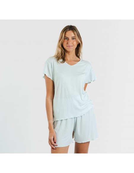 Pijama curto de manga curta mulher canelado viscosa liso Pijama curto de manga curta mulher canelado viscosa liso