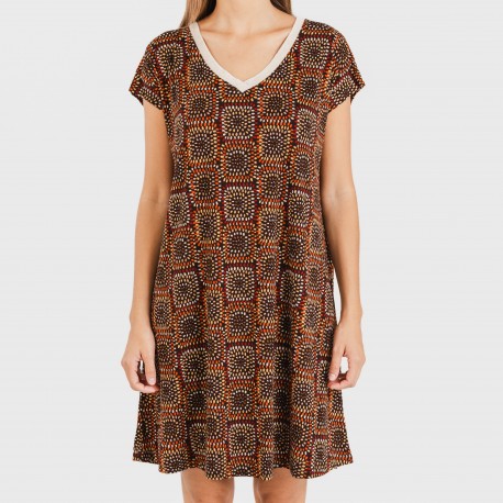 Vestido curto manga fluida crepe Liviana cor telha