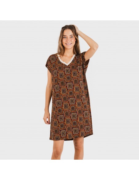 Vestido curto manga fluida crepe Liviana cor telha Vestido curto manga fluida crepe Liviana cor telha