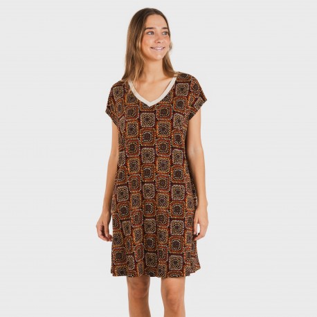 Vestido curto manga fluida crepe Liviana cor telha