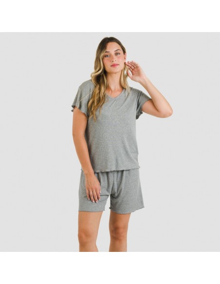 Pijama curto de manga curta mulher canelado viscosa liso Pijama curto de manga curta mulher canelado viscosa liso